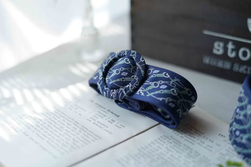 古董領帶改製腰帶-mila schon100%silk-鎖鏈印花-藍-腰帶髮箍