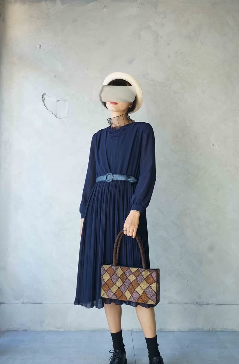 古董領帶改製腰帶-mila schon100%silk-鎖鏈印花-藍-腰帶髮箍