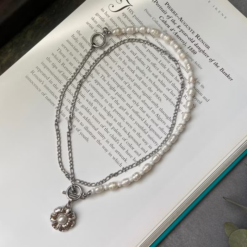 不銹鋼 淡水珍珠 OT扣項鍊x銀系小花