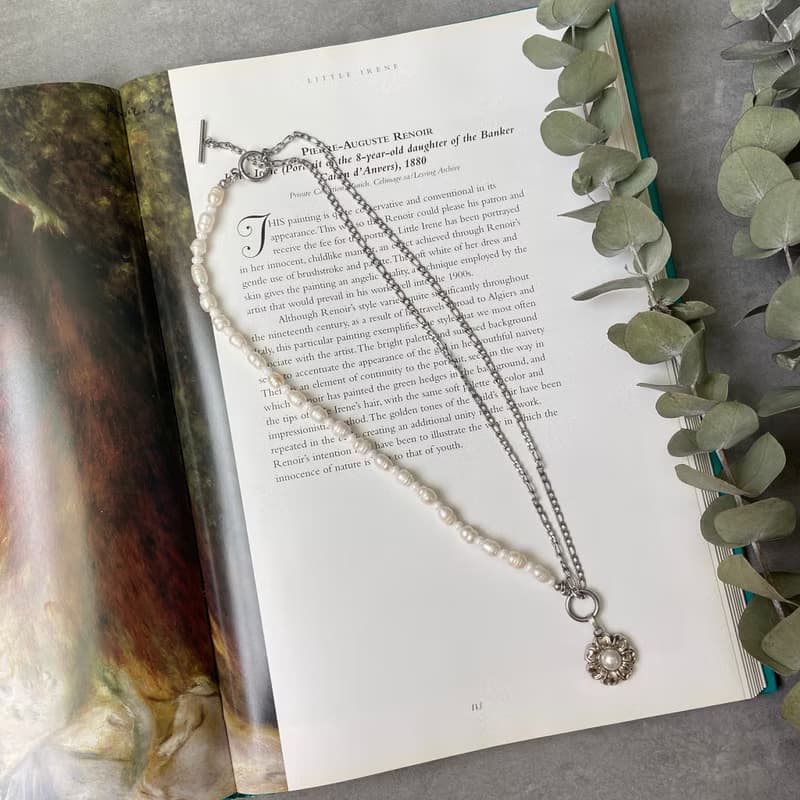 不銹鋼 淡水珍珠 OT扣項鍊x銀系小花