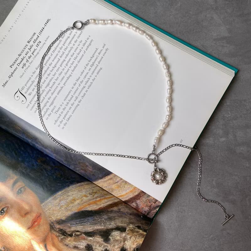 不銹鋼 淡水珍珠 OT扣項鍊x銀系小花