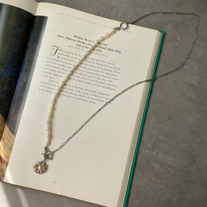 不銹鋼 淡水珍珠 OT扣項鍊x銀系小花