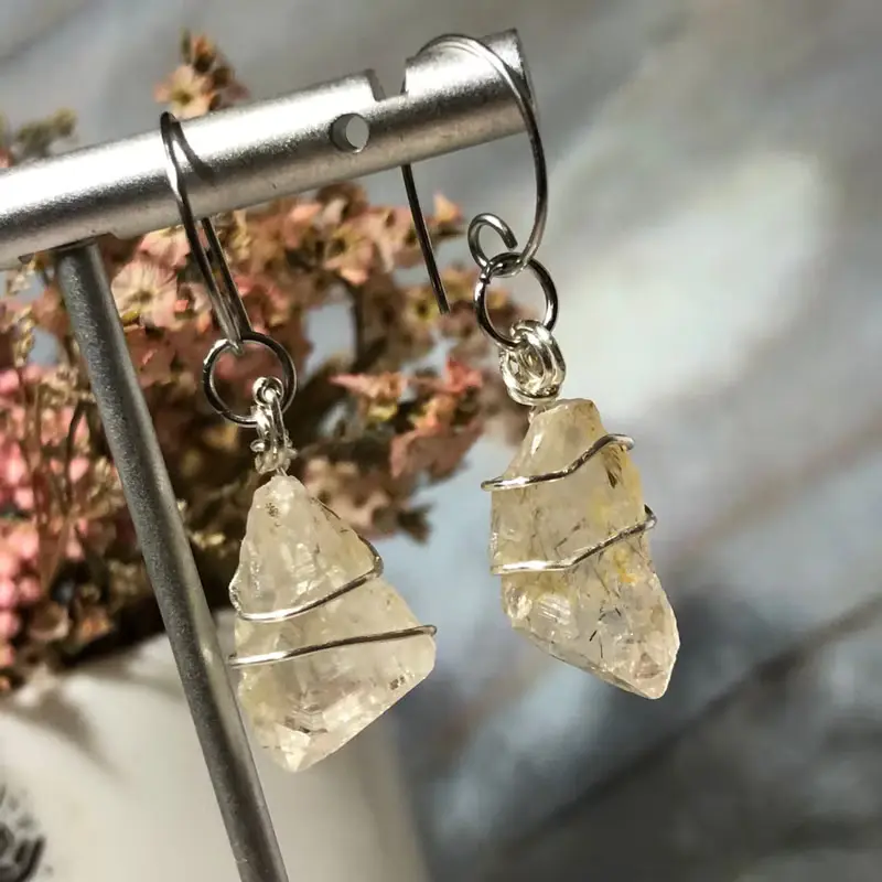 水晶原礦手作耳環 無痛耳夾 醫療鋼耳環