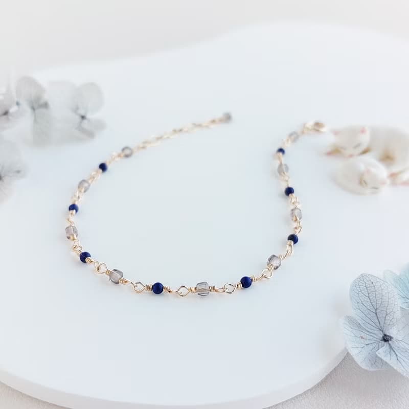 青金石 + 茶晶 x 14KGF手鍊