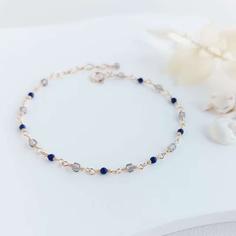 青金石 + 茶晶 x 14KGF手鍊