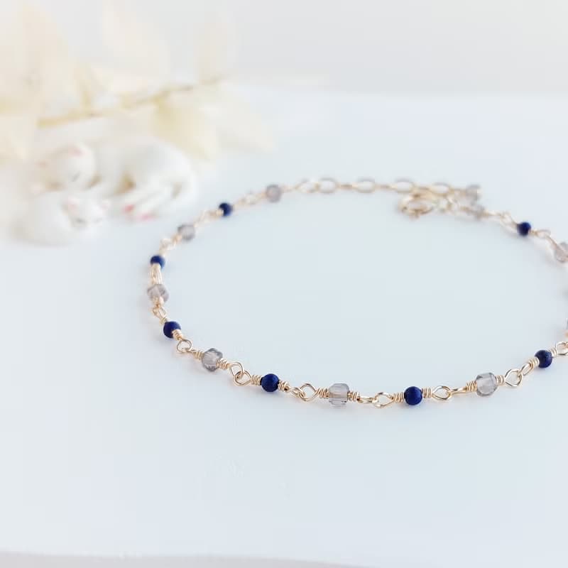 青金石 + 茶晶 x 14KGF手鍊