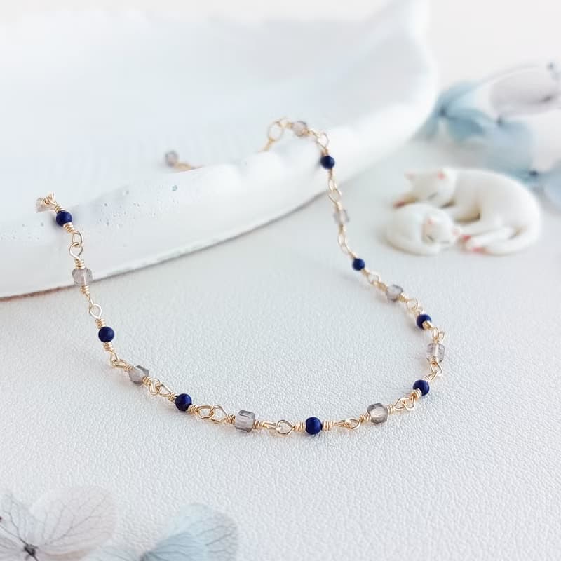 青金石 + 茶晶 x 14KGF手鍊