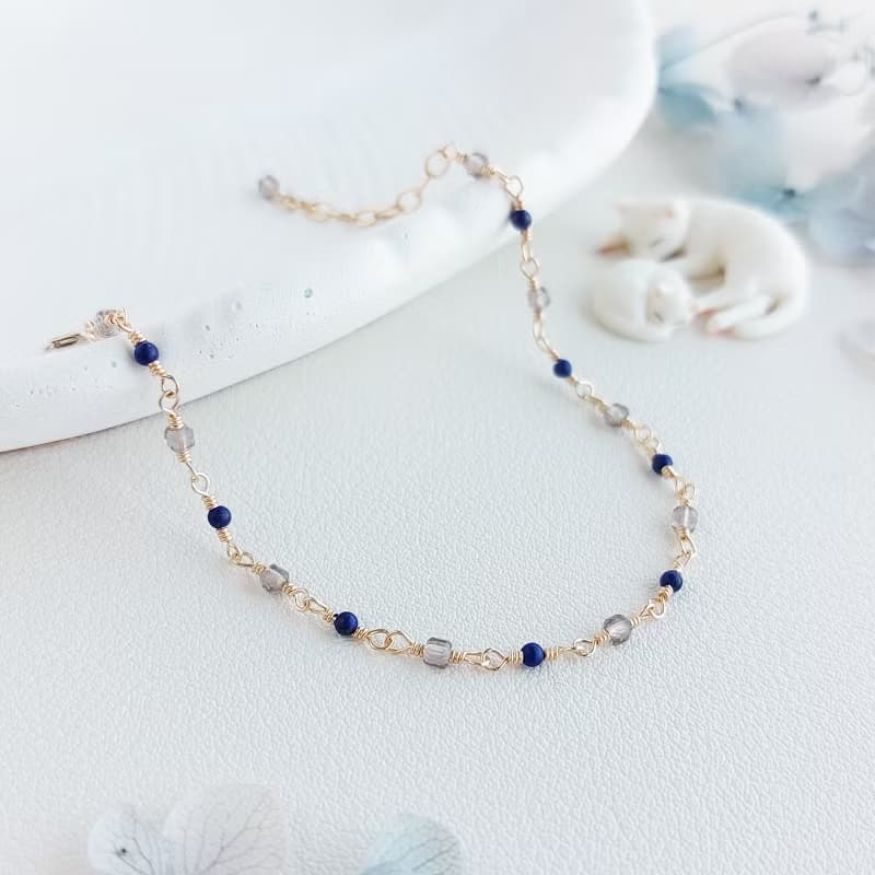 青金石 + 茶晶 x 14KGF手鍊