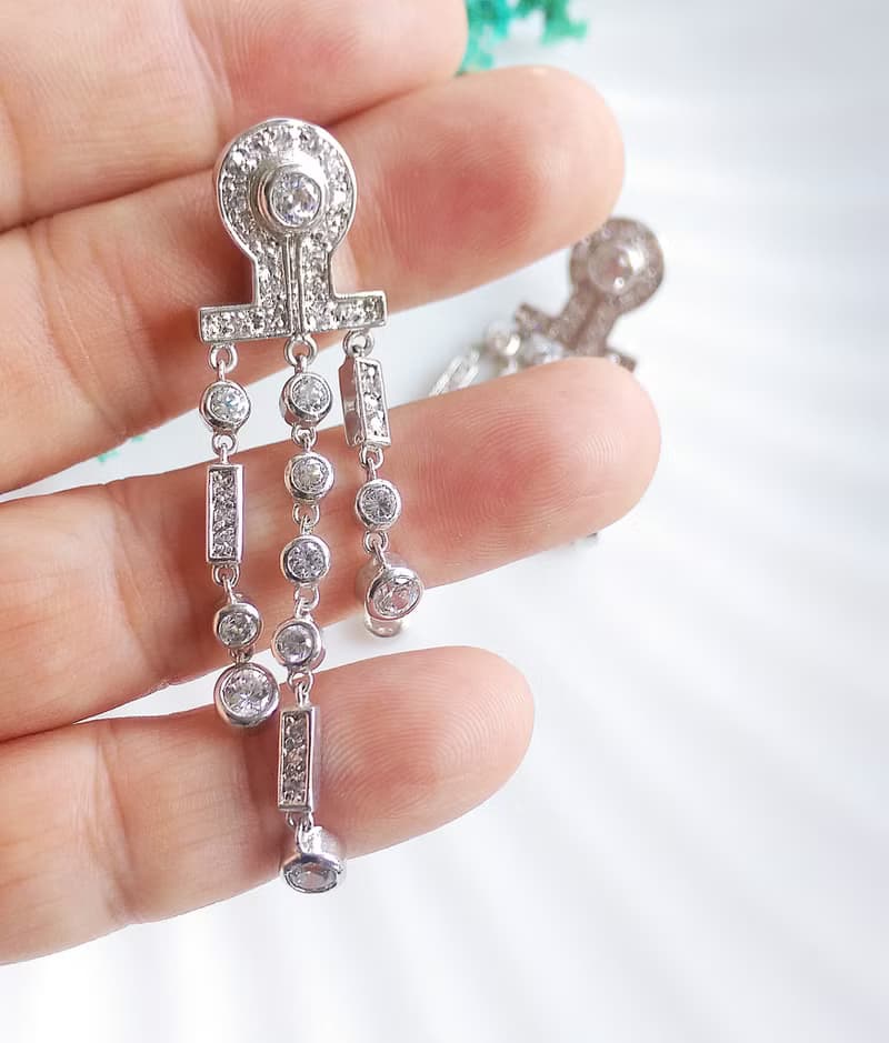 Vintage Jewelry 西洋古董飾品 銀色調 奢華閃亮 針式耳環