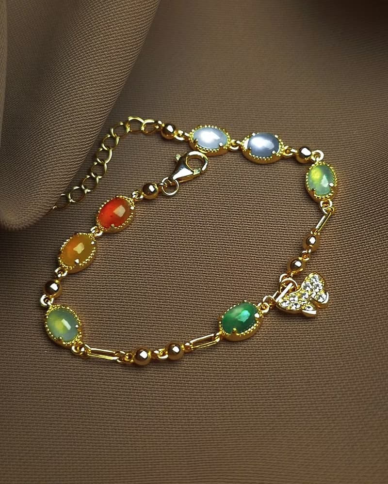 招財•好運|馬卡龍冰玻放光多寶彩虹|緬甸A貨翡翠純銀多顆手鏈