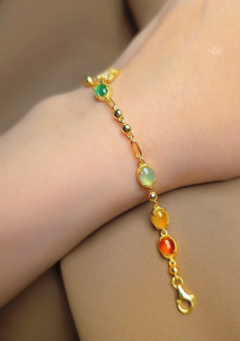 招財•好運|馬卡龍冰玻放光多寶彩虹|緬甸A貨翡翠純銀多顆手鏈