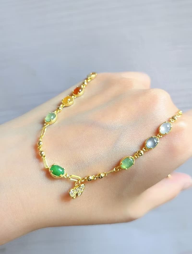 招財•好運|馬卡龍冰玻放光多寶彩虹|緬甸A貨翡翠純銀多顆手鏈