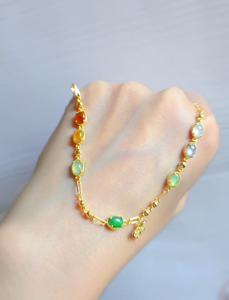 招財•好運|馬卡龍冰玻放光多寶彩虹|緬甸A貨翡翠純銀多顆手鏈