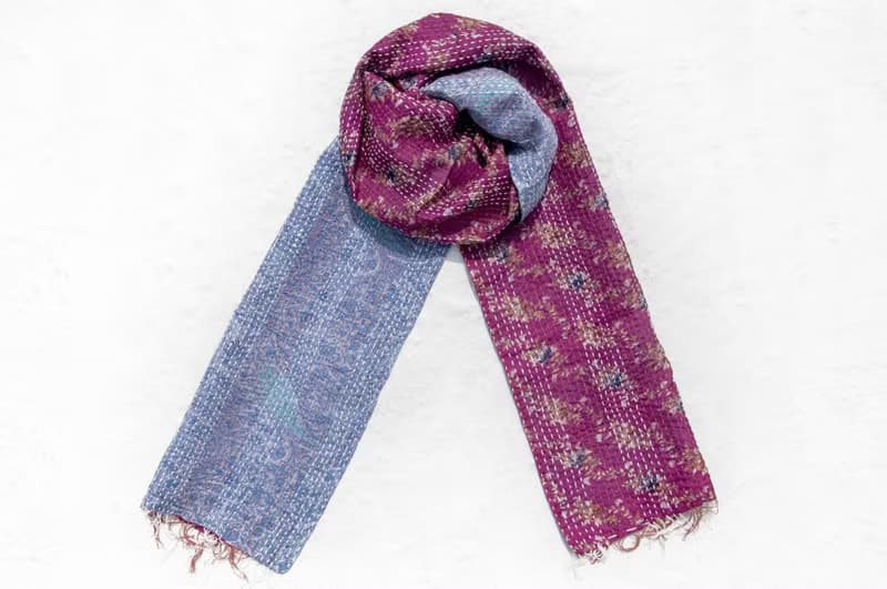 刺繡絲巾/絲綢刺繡圍巾/手縫紗麗線絲巾/印度絲綢刺繡圍巾-紫色花