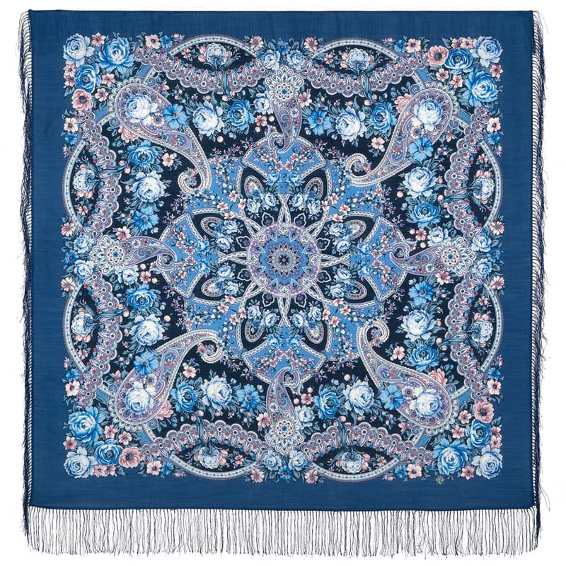 Pavlovo Posad Russian Shawl 100% Wool Scarf 125x125 cm Wrap Silk Fringe 1869-14