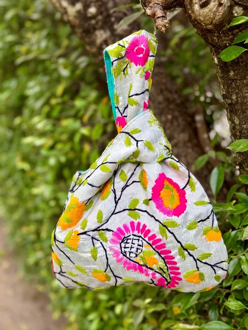 手工刺繡 淺綠色 花卉 手提包 小包 包包 手袋 手提袋