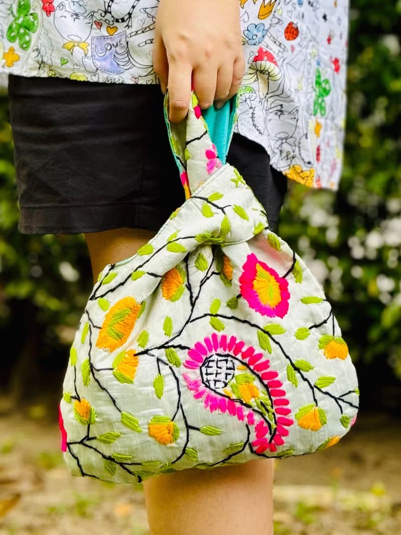 手工刺繡 淺綠色 花卉 手提包 小包 包包 手袋 手提袋