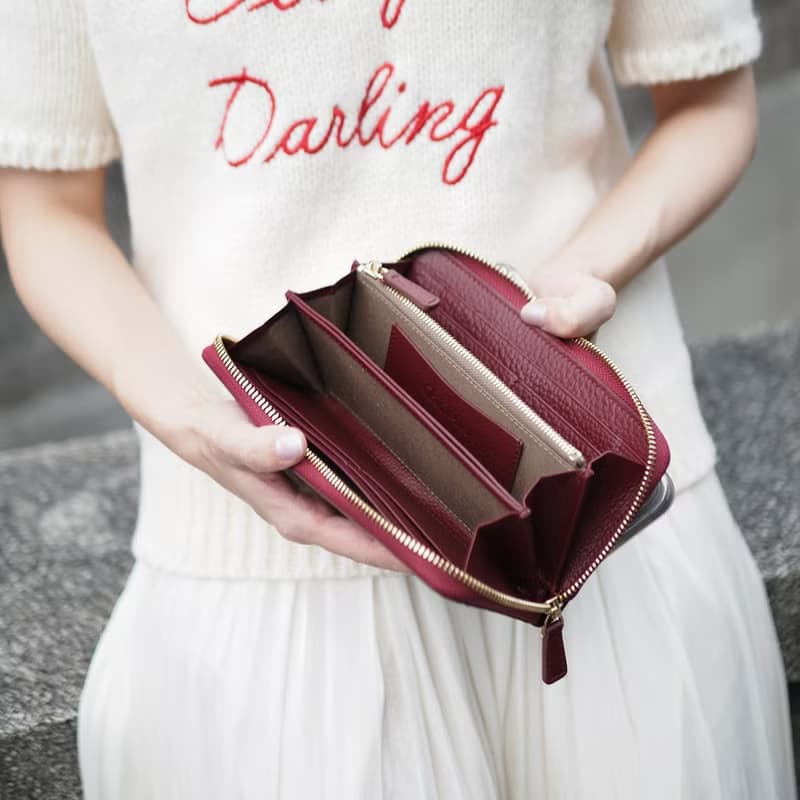DOLLAR (Burgundy) : Zip around long wallet, cow leather, Dark red wallet