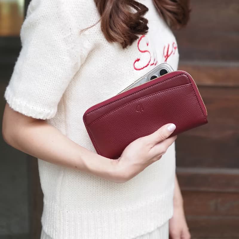 DOLLAR (Burgundy) : Zip around long wallet, cow leather, Dark red wallet