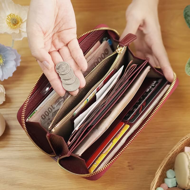 DOLLAR (Burgundy) : Zip around long wallet, cow leather, Dark red wallet