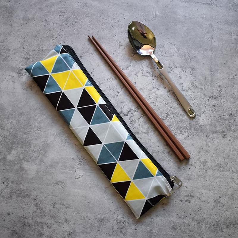 外出餐具組(筷袋+筷子+湯匙)_三角格黃