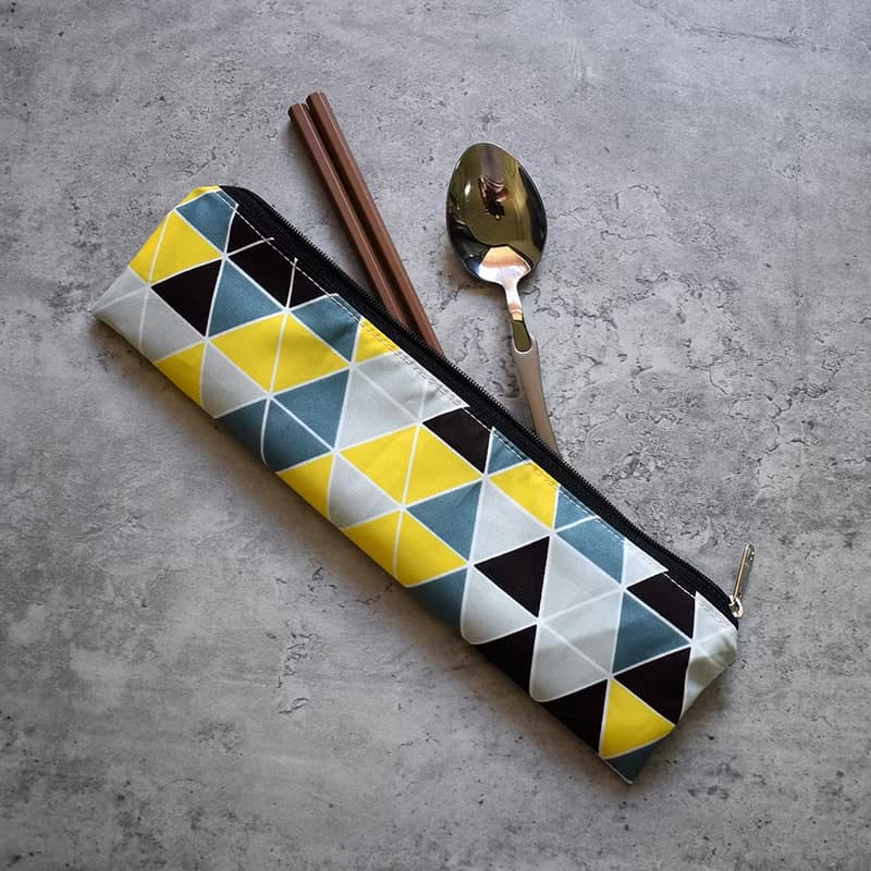外出餐具組(筷袋+筷子+湯匙)_三角格黃