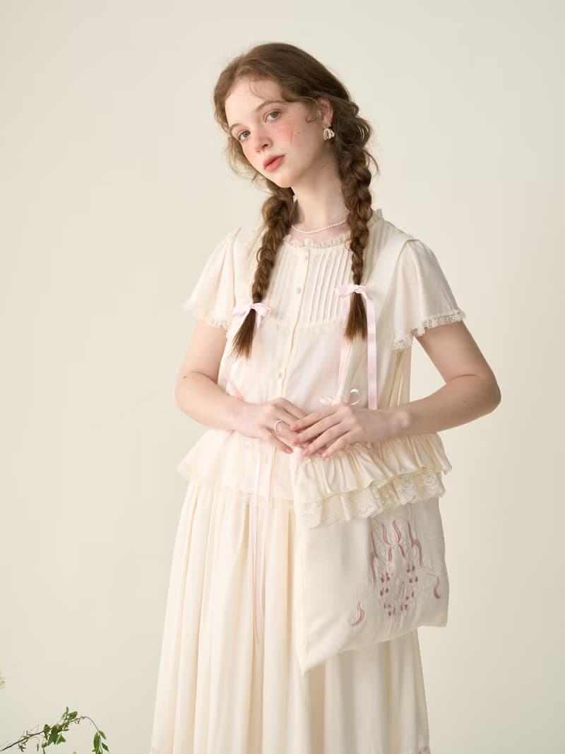 法式少女  vintage復古蕾絲 小飛袖襯衫 半裙