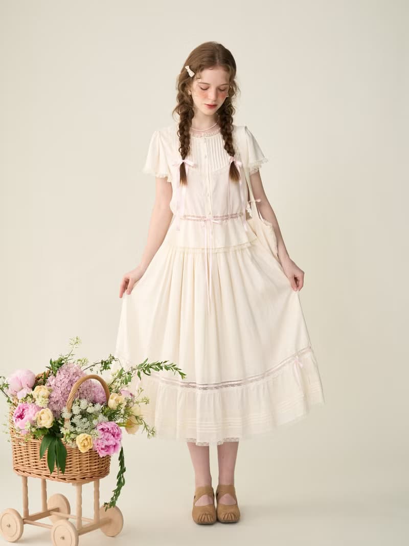 法式少女  vintage復古蕾絲 小飛袖襯衫 半裙