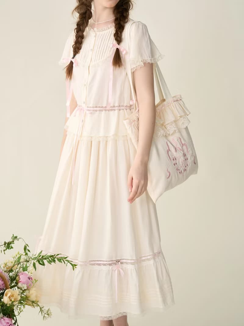 法式少女  vintage復古蕾絲 小飛袖襯衫 半裙