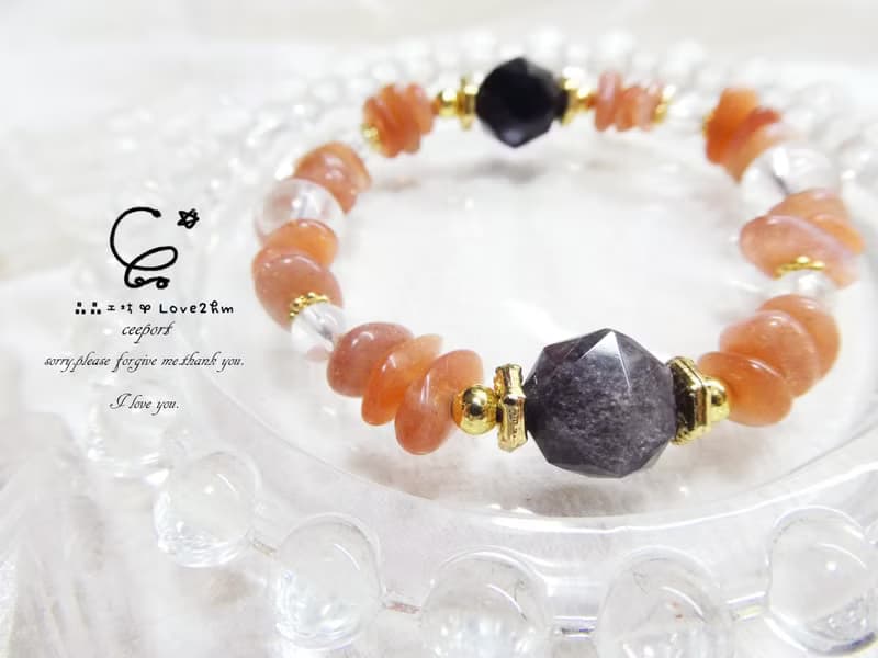 晶晶工坊*Love2hm【暖陽】橙月光石 銀沙黑曜 白水晶 設計手鍊