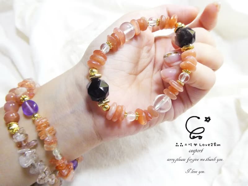 晶晶工坊*Love2hm【暖陽】橙月光石 銀沙黑曜 白水晶 設計手鍊