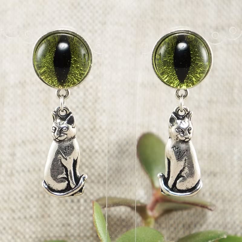 Olive Green Glass Cat Eye Evil Eye Silver Cat Kitten Protection Earrings Jewelry