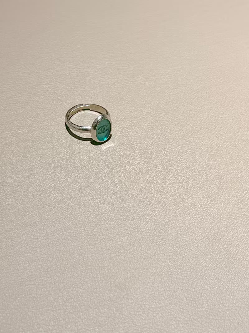 Chanel稀有綠色橢圓銀色中古戒指 絨面首飾盒 情人節禮物