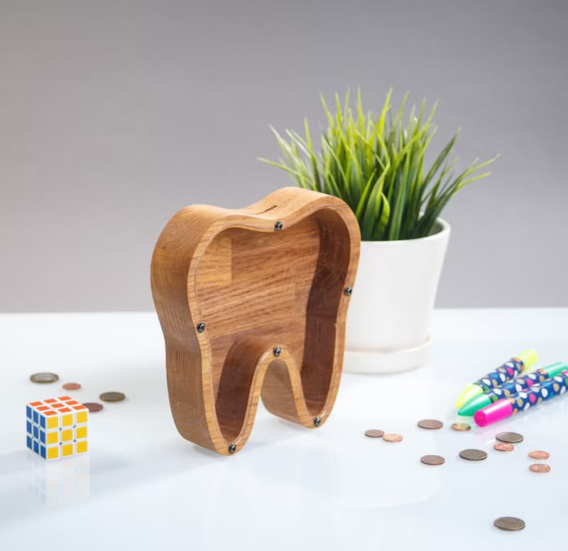 Wood piggy bank for boys girls adult TOOTH Organic glass tip jar Child coin bank