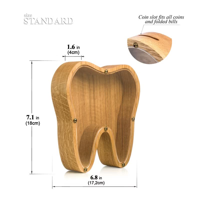Wood piggy bank for boys girls adult TOOTH Organic glass tip jar Child coin bank