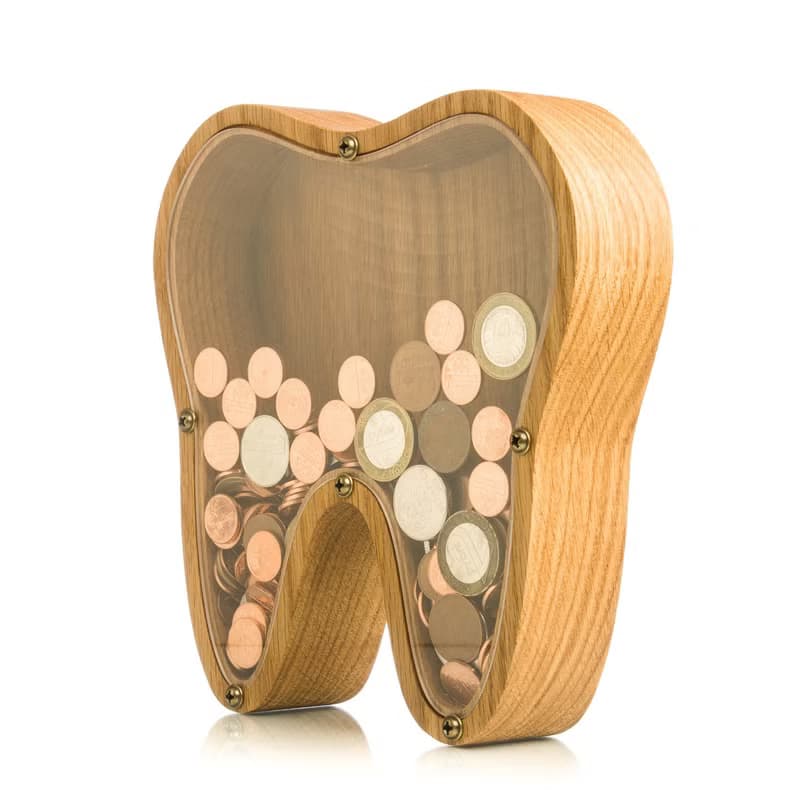 Wood piggy bank for boys girls adult TOOTH Organic glass tip jar Child coin bank