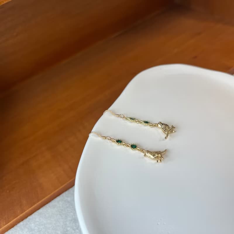 14K包金 復古綠鋯石金色麻雀耳環 小鳥耳環 耳夾 14KGF
