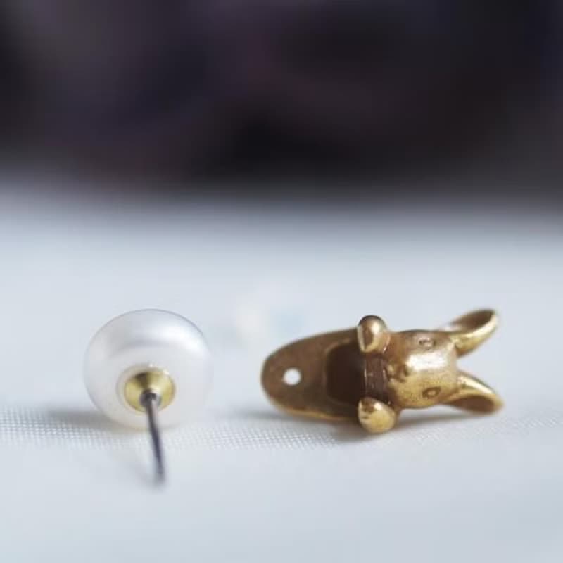 兔子珍珠耳環 金 復古 單耳