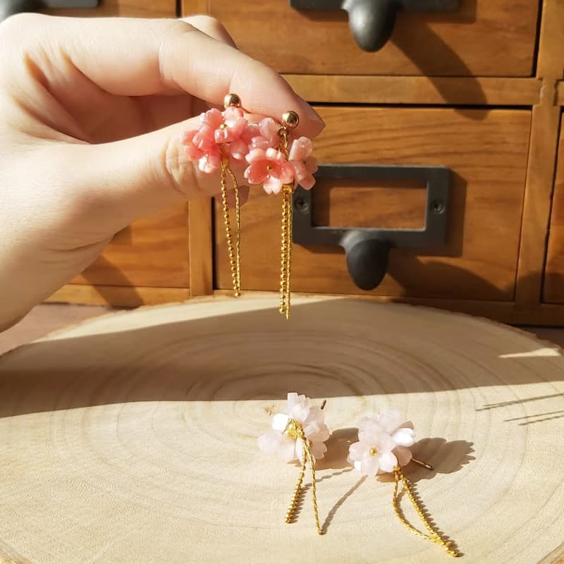 粉系小花球 櫻花 花束 耳環耳針耳夾 鍍金 生日禮物