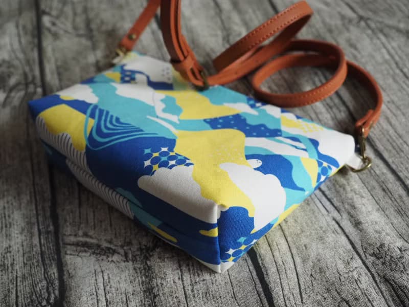 手工縫製托特側肩包帆布手袋化妝包 和風粉藍富士山圖案