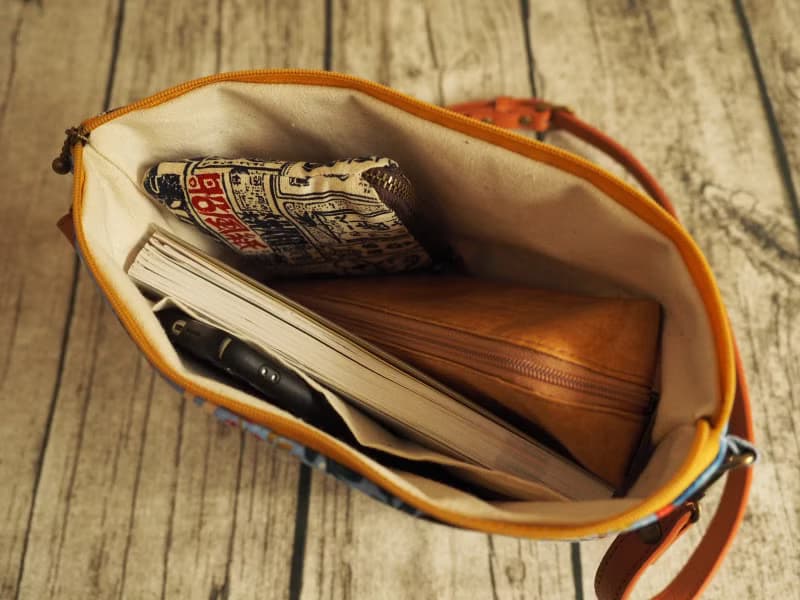 手工縫製托特側肩包帆布手袋化妝包 和風粉藍富士山圖案