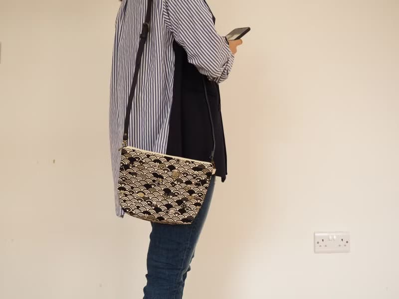 手工縫製托特側肩包帆布手袋化妝包 和風粉藍富士山圖案