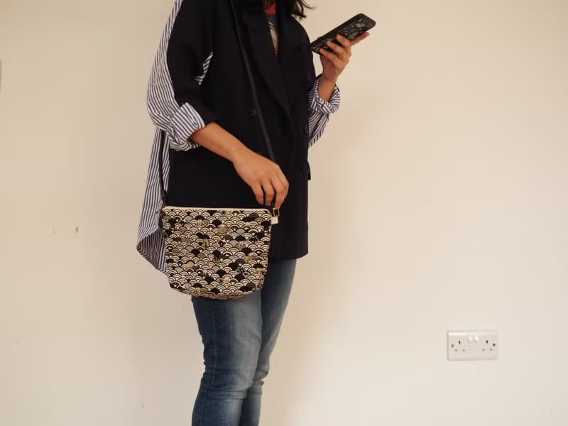 手工縫製托特側肩包帆布手袋化妝包 和風粉藍富士山圖案