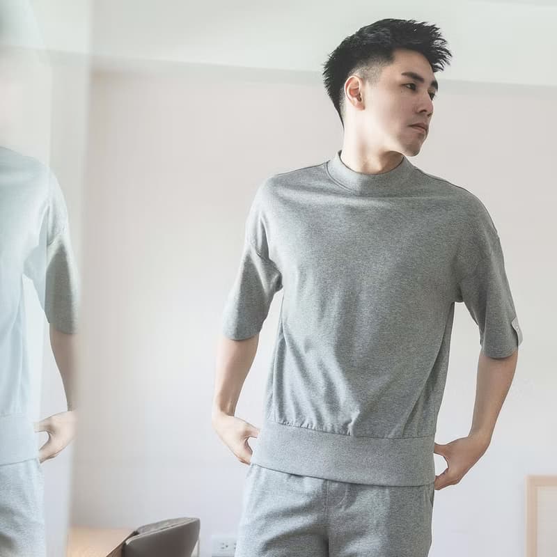 UMORFIL膠原蛋白素面五分袖男居家服-麻花灰/父親節