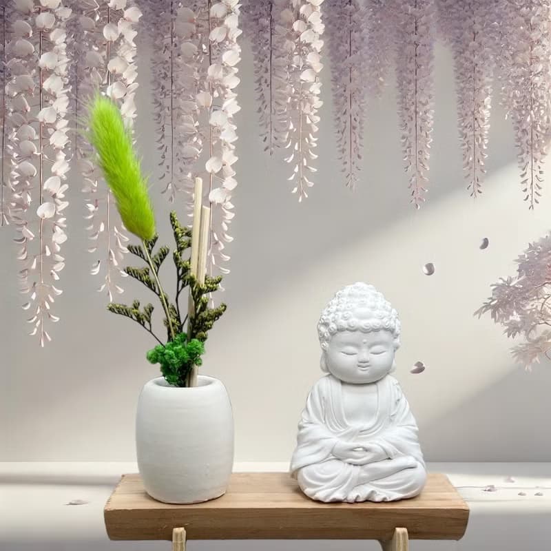 文青簡約風 淨念吉祥之育德小佛 原木底座系列 搭配永生花擴香瓶