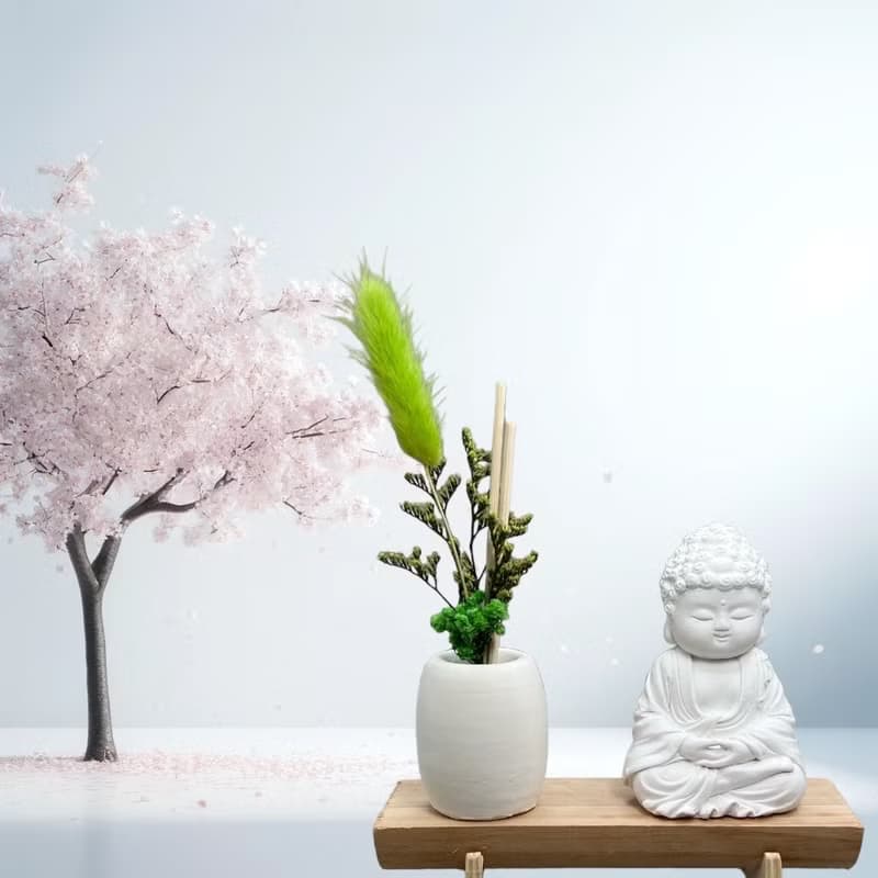 文青簡約風 淨念吉祥之育德小佛 原木底座系列 搭配永生花擴香瓶