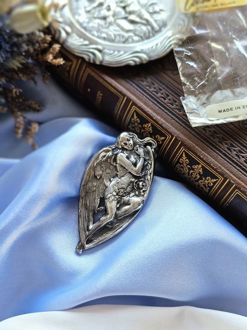 新藝術風格英國製925純銀長髮仙子胸針/別針/美國西洋古董飾品