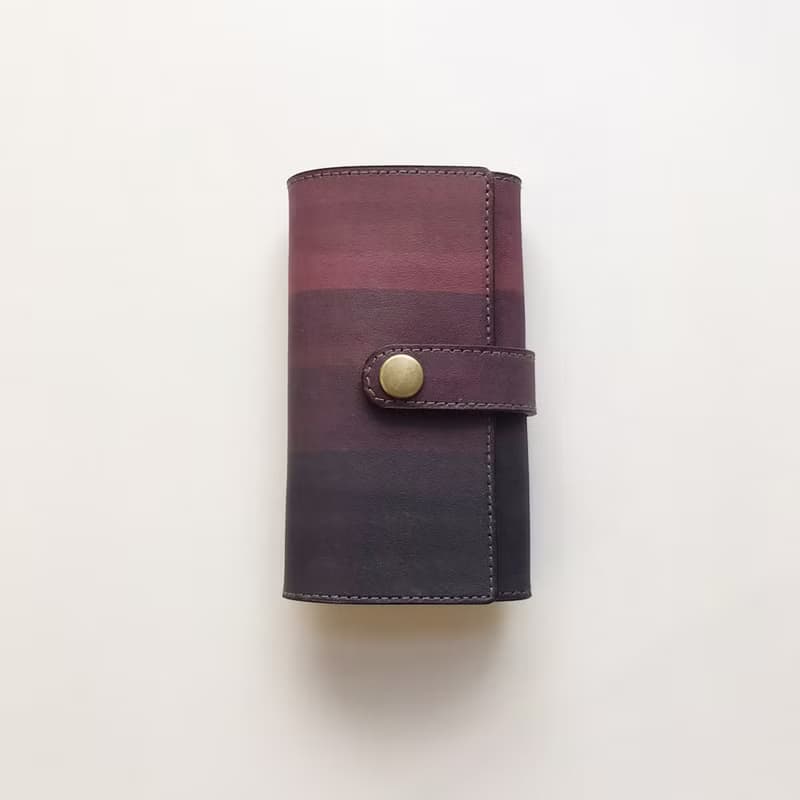 植鞣革牛皮_平口扣條鑰匙套_木莓漸層灰藍