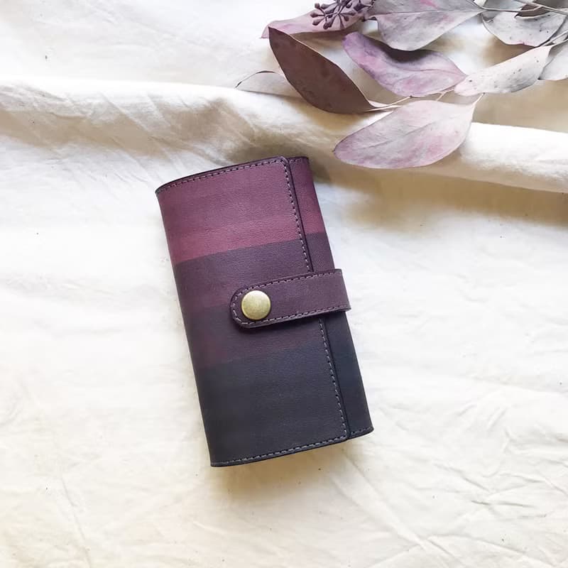 植鞣革牛皮_平口扣條鑰匙套_木莓漸層灰藍