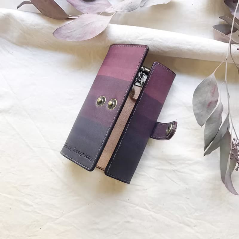 植鞣革牛皮_平口扣條鑰匙套_木莓漸層灰藍